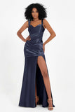 Stretch Satin Mermaid Bridesmaid Dress Sleeveless Pleated Formal Evening Dresses with Slit