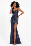 Stretch Satin Mermaid Bridesmaid Dress Sleeveless Pleated Formal Evening Dresses with Slit