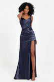 Stretch Satin Mermaid Bridesmaid Dress Sleeveless Pleated Formal Evening Dresses with Slit