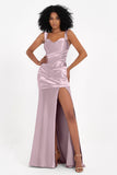 Stretch Satin Mermaid Bridesmaid Dress Sleeveless Pleated Formal Evening Dresses with Slit