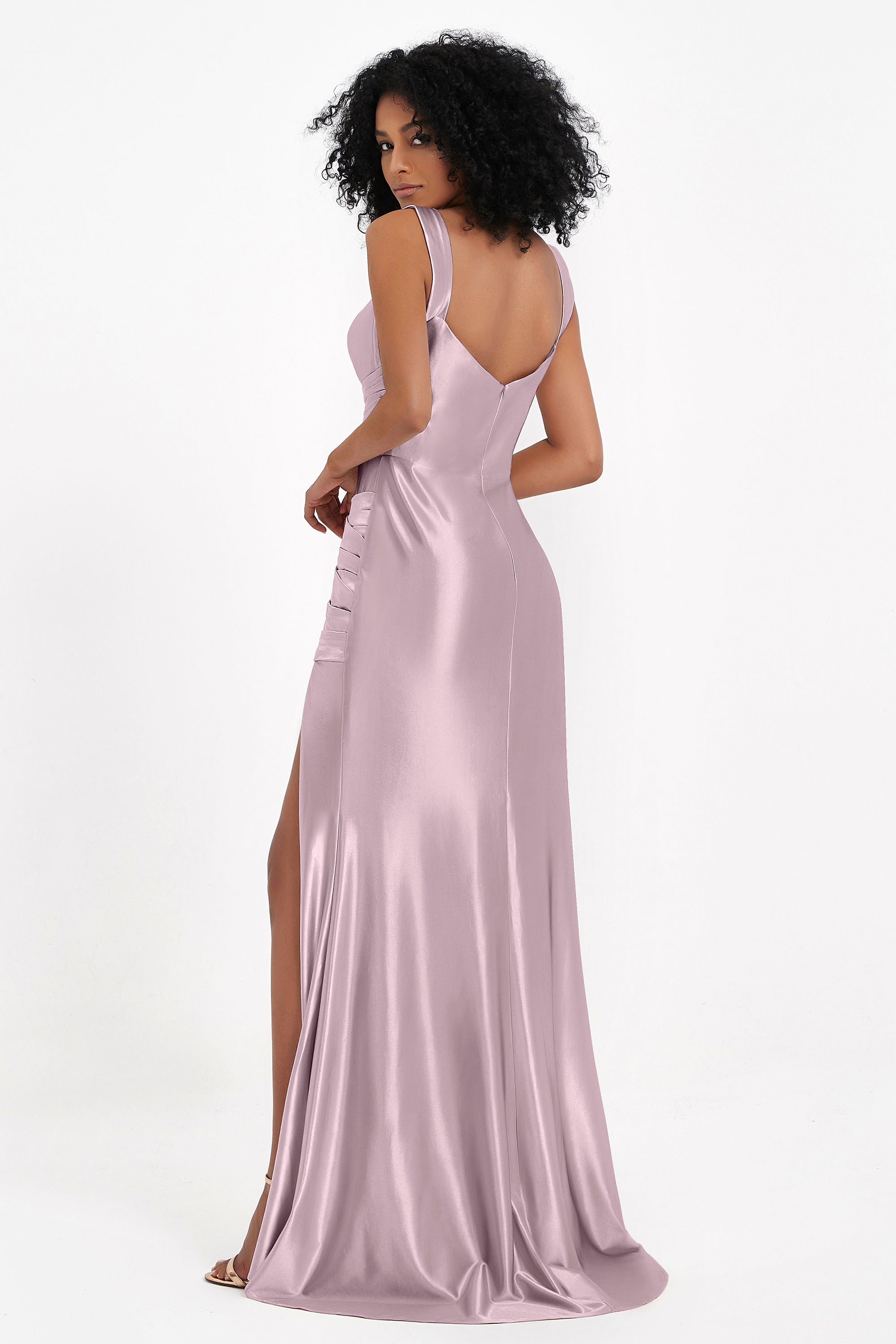 Stretch Satin Mermaid Bridesmaid Dress Sleeveless Pleated Formal Evening Dresses with Slit