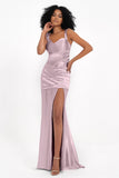 Stretch Satin Mermaid Bridesmaid Dress Sleeveless Pleated Formal Evening Dresses with Slit