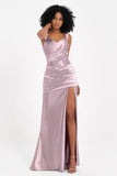 Stretch Satin Mermaid Bridesmaid Dress Sleeveless Pleated Formal Evening Dresses with Slit