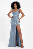 Stretch Satin Mermaid Bridesmaid Dress Sleeveless Pleated Formal Evening Dresses with Slit