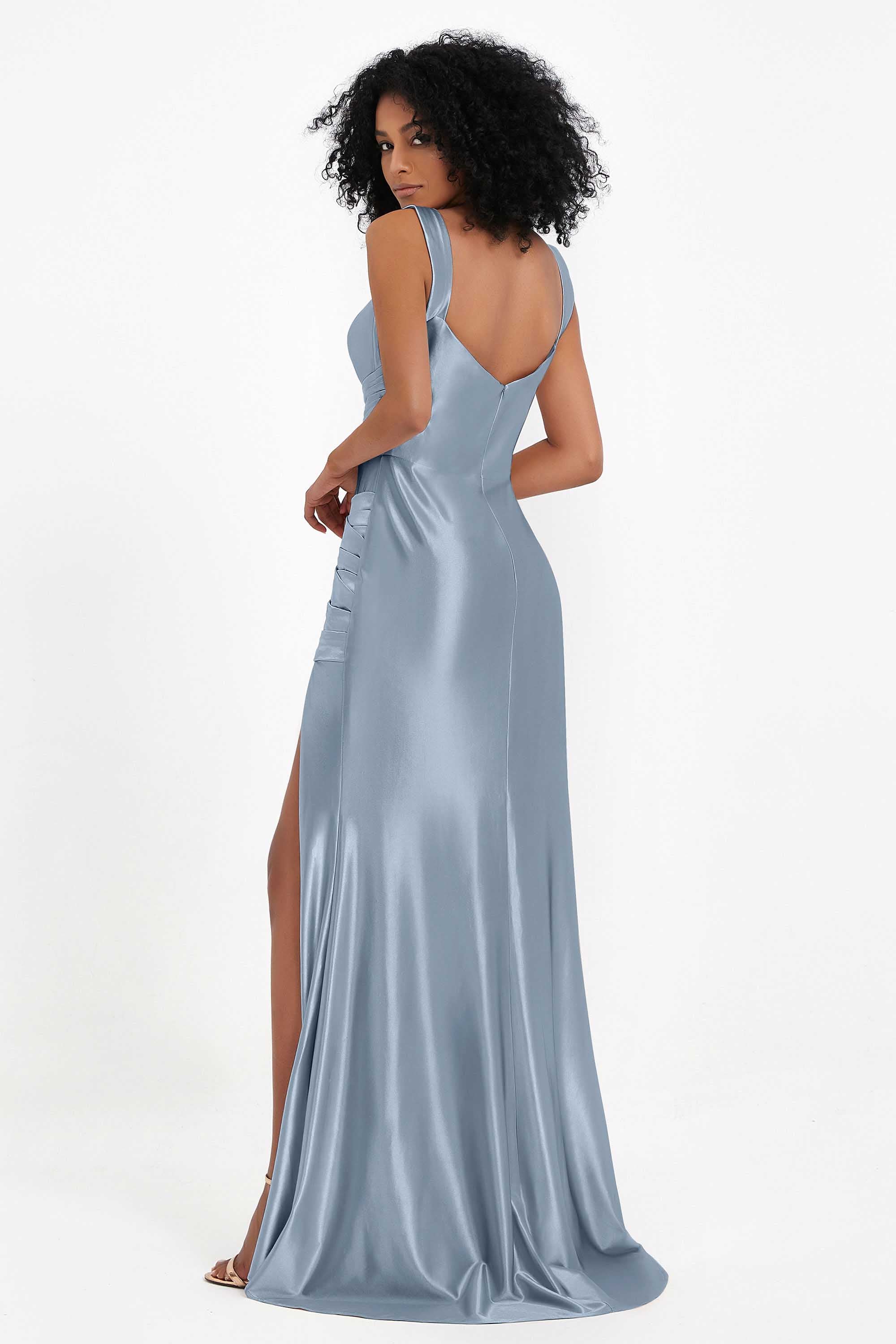 Stretch Satin Mermaid Bridesmaid Dress Sleeveless Pleated Formal Evening Dresses with Slit