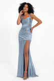 Stretch Satin Mermaid Bridesmaid Dress Sleeveless Pleated Formal Evening Dresses with Slit