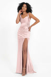 Stretch Satin Mermaid Bridesmaid Dress Sleeveless Pleated Formal Evening Dresses with Slit