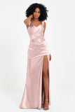 Stretch Satin Mermaid Bridesmaid Dress Sleeveless Pleated Formal Evening Dresses with Slit