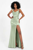Stretch Satin Mermaid Bridesmaid Dress Sleeveless Pleated Formal Evening Dresses with Slit