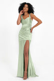 Stretch Satin Mermaid Bridesmaid Dress Sleeveless Pleated Formal Evening Dresses with Slit