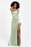 Stretch Satin Mermaid Bridesmaid Dress Sleeveless Pleated Formal Evening Dresses with Slit