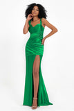 Stretch Satin Mermaid Bridesmaid Dress Sleeveless Pleated Formal Evening Dresses with Slit