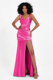 Stretch Satin Mermaid Bridesmaid Dress Sleeveless Pleated Formal Evening Dresses with Slit