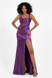 Stretch Satin Mermaid Bridesmaid Dress Sleeveless Pleated Formal Evening Dresses with Slit