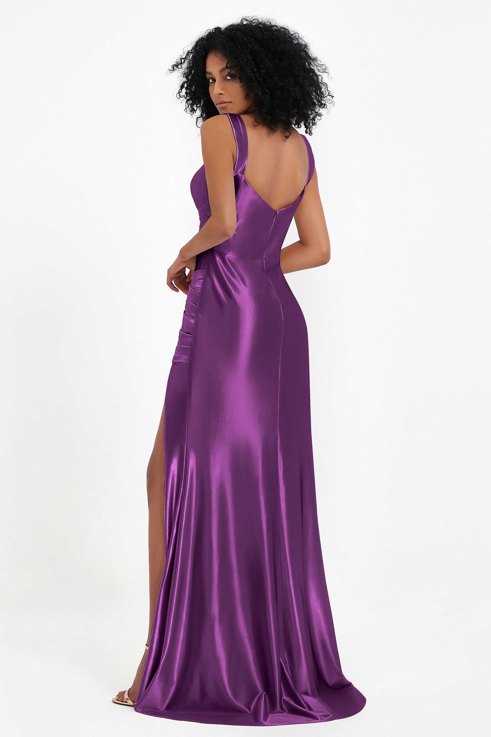 Stretch Satin Mermaid Bridesmaid Dress Sleeveless Pleated Formal Evening Dresses with Slit