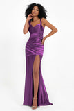 Stretch Satin Mermaid Bridesmaid Dress Sleeveless Pleated Formal Evening Dresses with Slit