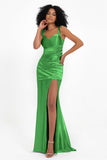 Stretch Satin Mermaid Bridesmaid Dress Sleeveless Pleated Formal Evening Dresses with Slit