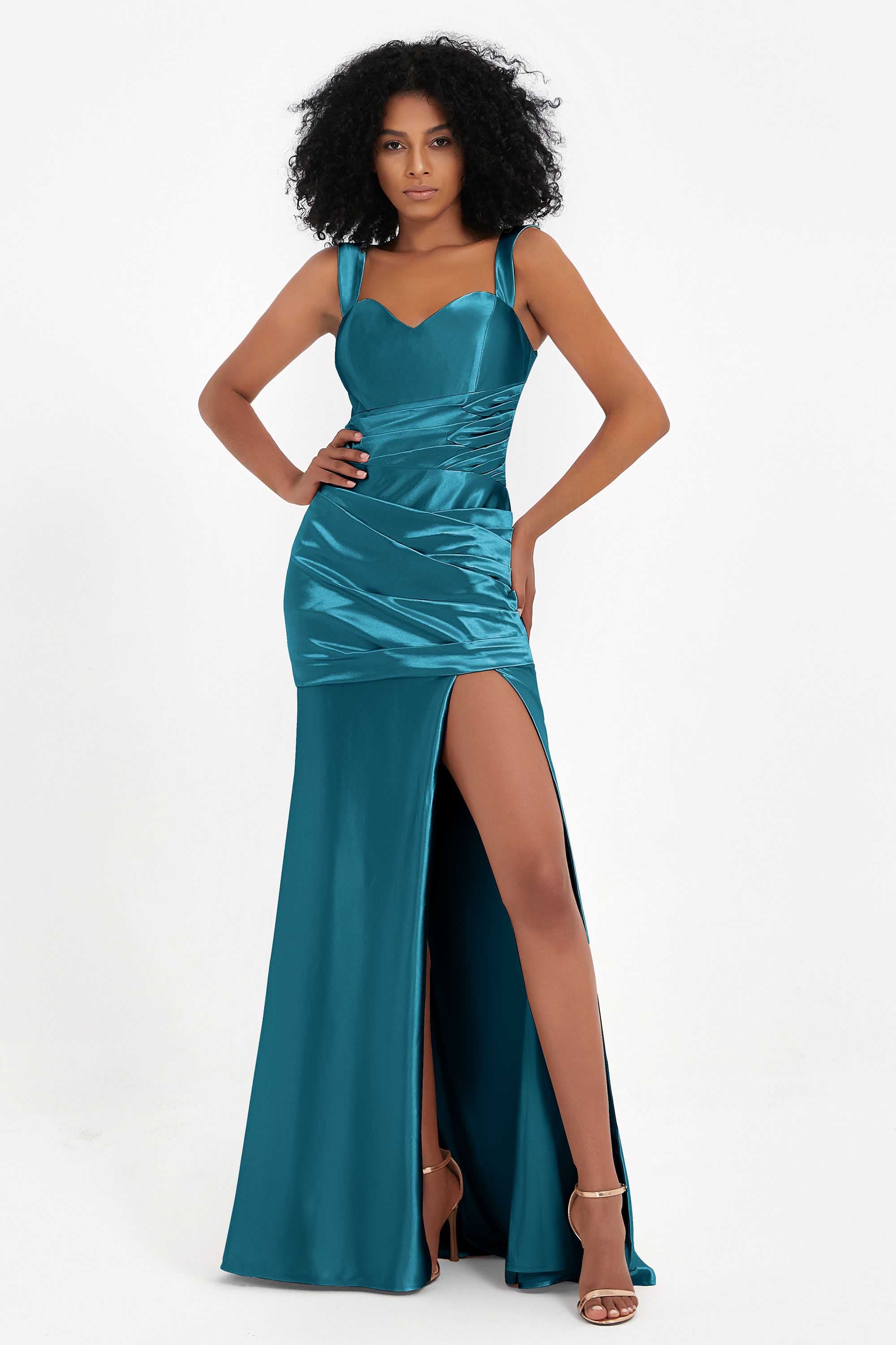 Stretch Satin Mermaid Bridesmaid Dress Sleeveless Pleated Formal Evening Dresses with Slit