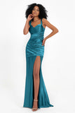 Stretch Satin Mermaid Bridesmaid Dress Sleeveless Pleated Formal Evening Dresses with Slit