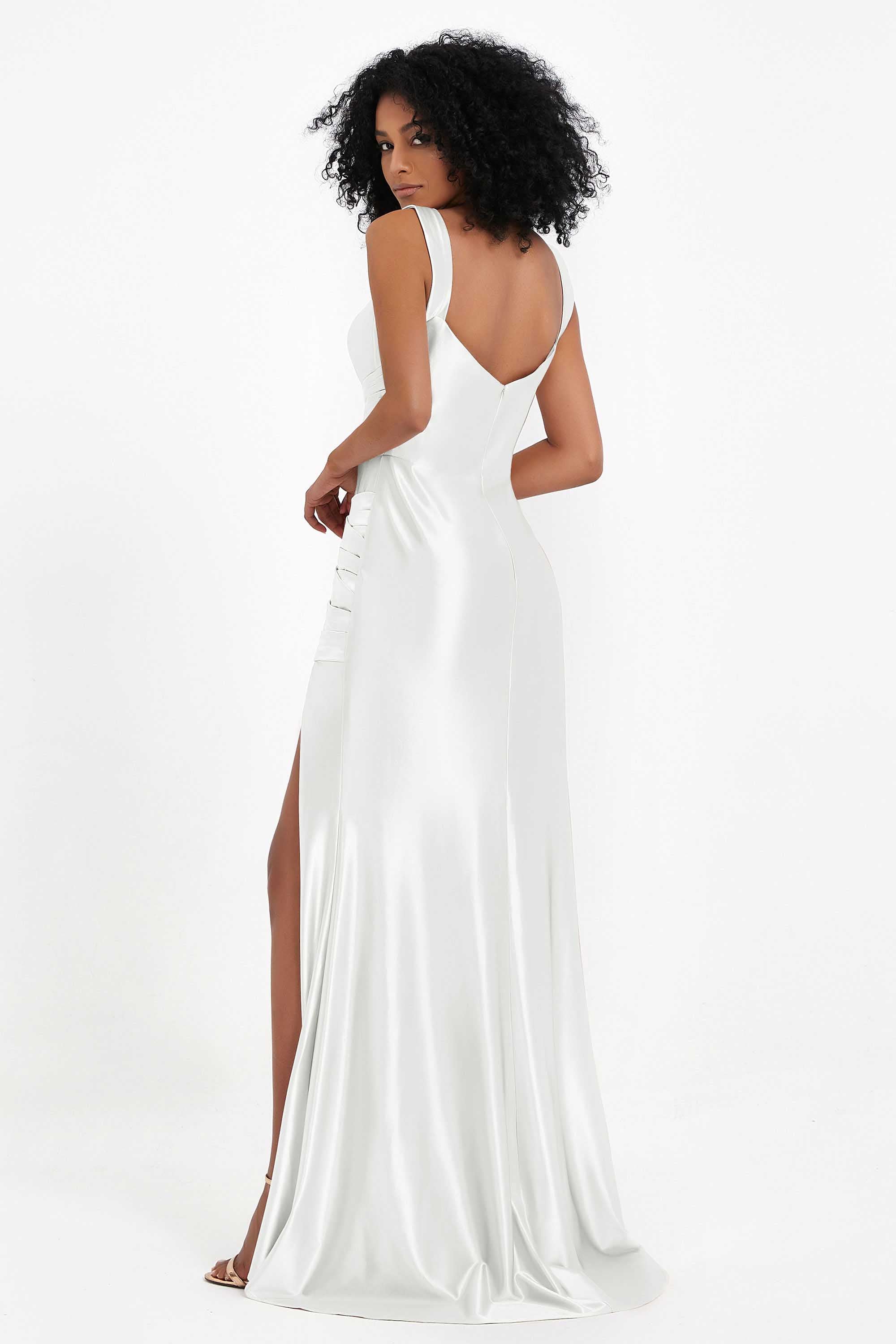 Stretch Satin Mermaid Bridesmaid Dress Sleeveless Pleated Formal Evening Dresses with Slit