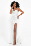 Stretch Satin Mermaid Bridesmaid Dress Sleeveless Pleated Formal Evening Dresses with Slit