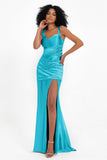 Stretch Satin Mermaid Bridesmaid Dress Sleeveless Pleated Formal Evening Dresses with Slit
