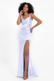 Stretch Satin Mermaid Bridesmaid Dress Sleeveless Pleated Formal Evening Dresses with Slit