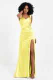 Stretch Satin Mermaid Bridesmaid Dress Sleeveless Pleated Formal Evening Dresses with Slit
