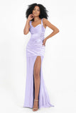 Stretch Satin Mermaid Bridesmaid Dress Sleeveless Pleated Formal Evening Dresses with Slit