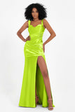 Stretch Satin Mermaid Bridesmaid Dress Sleeveless Pleated Formal Evening Dresses with Slit