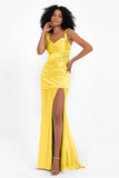 Stretch Satin Mermaid Bridesmaid Dress Sleeveless Pleated Formal Evening Dresses with Slit