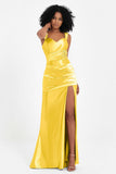 Stretch Satin Mermaid Bridesmaid Dress Sleeveless Pleated Formal Evening Dresses with Slit