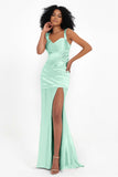 Stretch Satin Mermaid Bridesmaid Dress Sleeveless Pleated Formal Evening Dresses with Slit