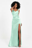 Stretch Satin Mermaid Bridesmaid Dress Sleeveless Pleated Formal Evening Dresses with Slit