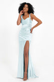 Stretch Satin Mermaid Bridesmaid Dress Sleeveless Pleated Formal Evening Dresses with Slit