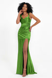 Stretch Satin Mermaid Bridesmaid Dress Sleeveless Pleated Formal Evening Dresses with Slit