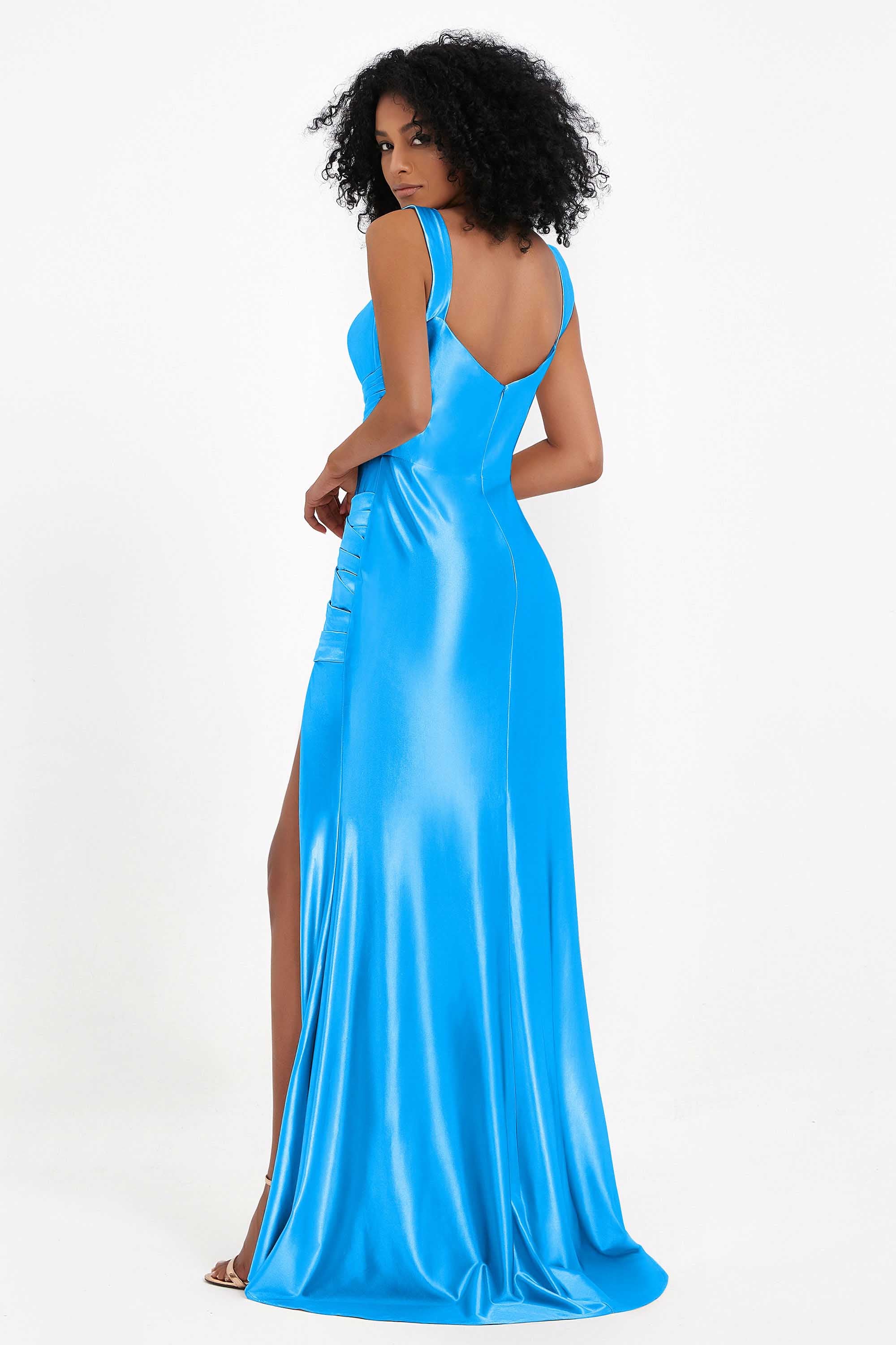 Stretch Satin Mermaid Bridesmaid Dress Sleeveless Pleated Formal Evening Dresses with Slit