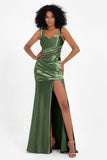 Stretch Satin Mermaid Bridesmaid Dress Sleeveless Pleated Formal Evening Dresses with Slit