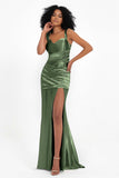 Stretch Satin Mermaid Bridesmaid Dress Sleeveless Pleated Formal Evening Dresses with Slit