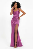 Stretch Satin Mermaid Bridesmaid Dress Sleeveless Pleated Formal Evening Dresses with Slit