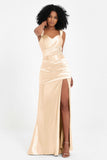 Stretch Satin Mermaid Bridesmaid Dress Sleeveless Pleated Formal Evening Dresses with Slit