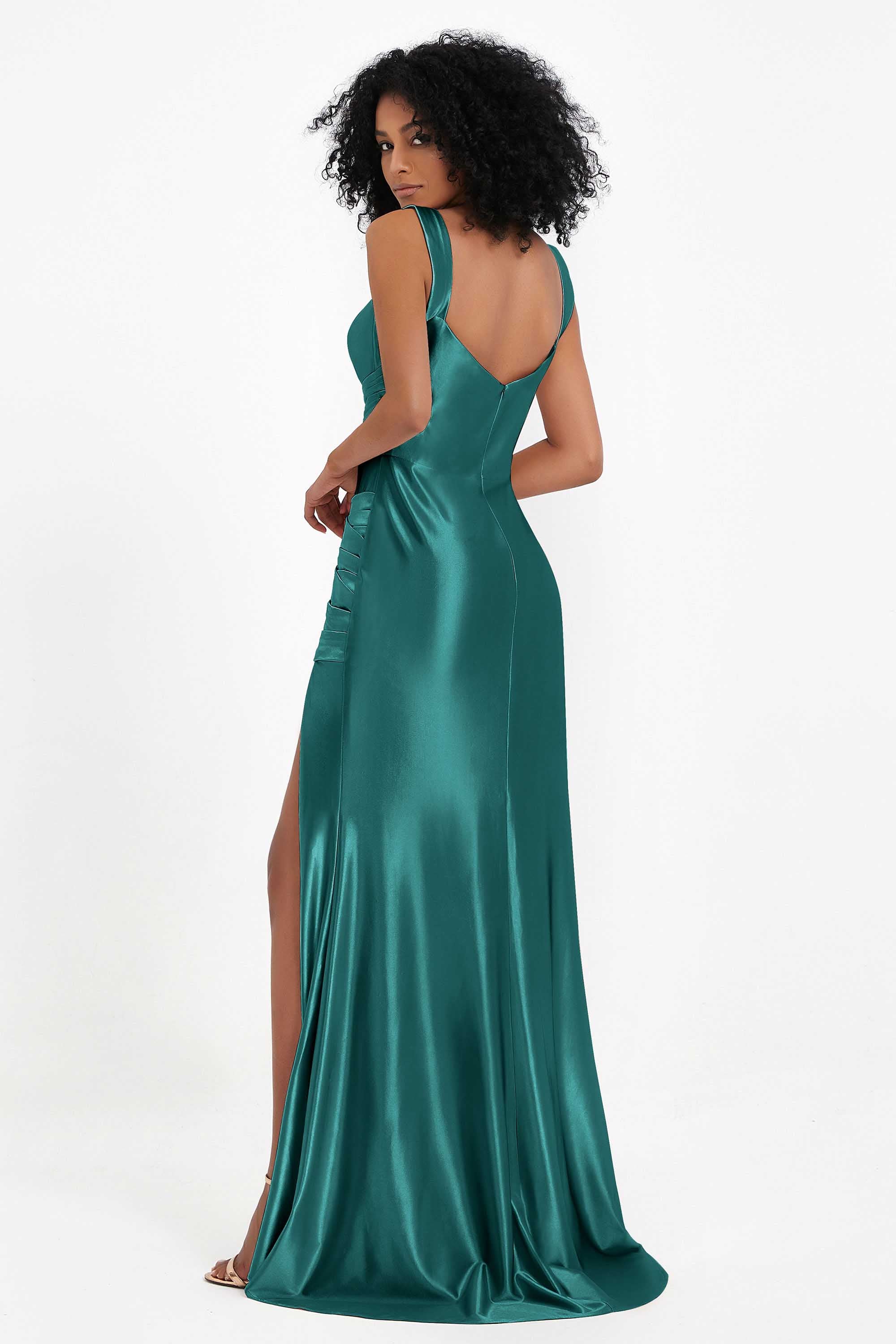 Stretch Satin Mermaid Bridesmaid Dress Sleeveless Pleated Formal Evening Dresses with Slit