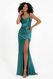 Stretch Satin Mermaid Bridesmaid Dress Sleeveless Pleated Formal Evening Dresses with Slit