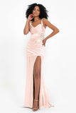 Stretch Satin Mermaid Bridesmaid Dress Sleeveless Pleated Formal Evening Dresses with Slit