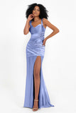 Stretch Satin Mermaid Bridesmaid Dress Sleeveless Pleated Formal Evening Dresses with Slit