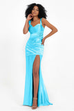 Stretch Satin Mermaid Bridesmaid Dress Sleeveless Pleated Formal Evening Dresses with Slit