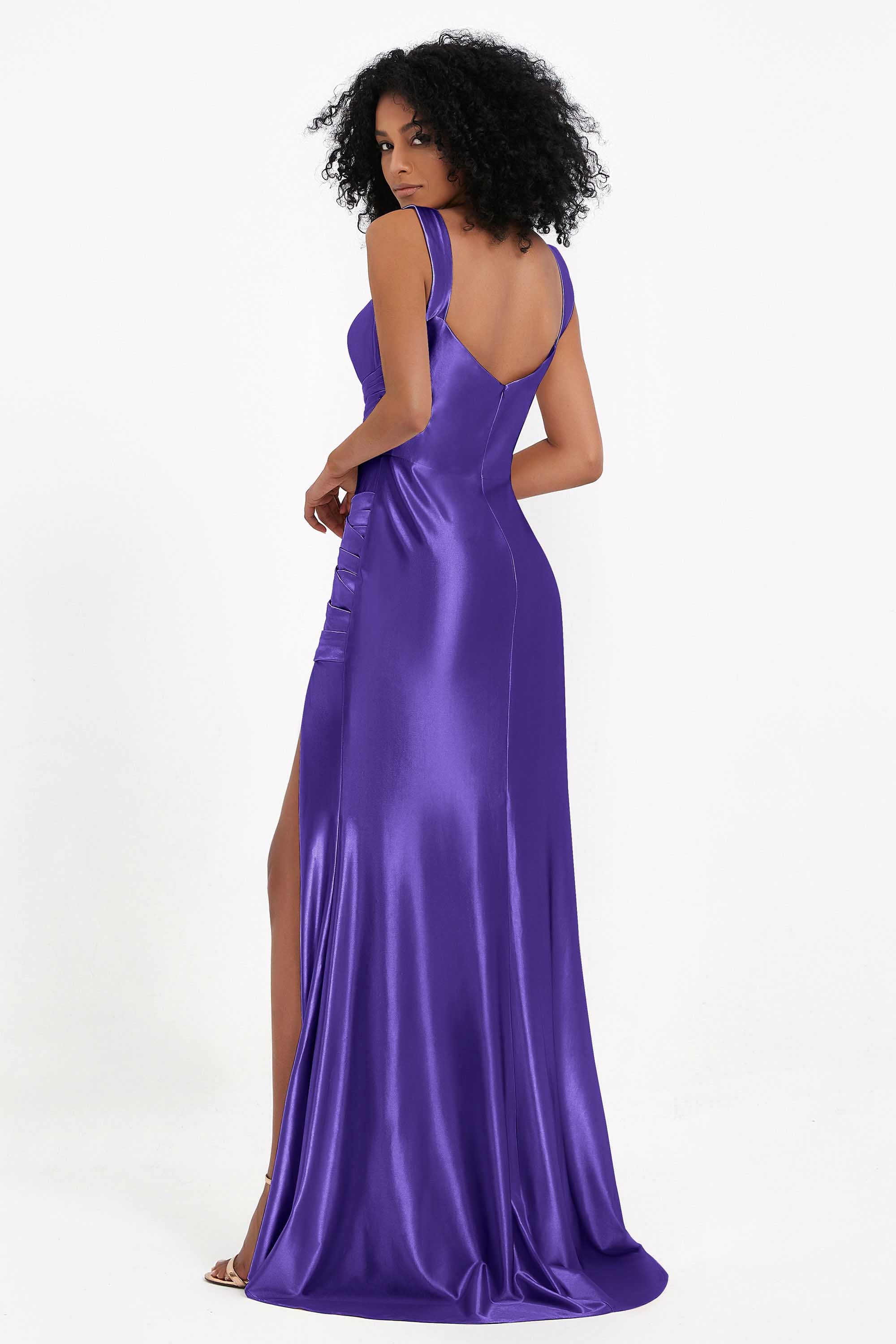 Stretch Satin Mermaid Bridesmaid Dress Sleeveless Pleated Formal Evening Dresses with Slit