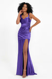 Stretch Satin Mermaid Bridesmaid Dress Sleeveless Pleated Formal Evening Dresses with Slit
