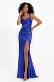 Stretch Satin Mermaid Bridesmaid Dress Sleeveless Pleated Formal Evening Dresses with Slit