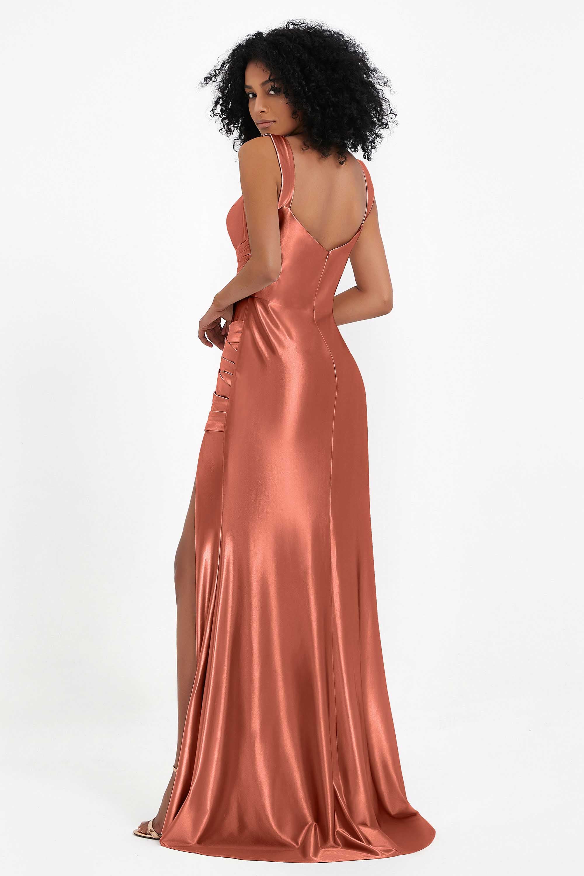 Stretch Satin Mermaid Bridesmaid Dress Sleeveless Pleated Formal Evening Dresses with Slit